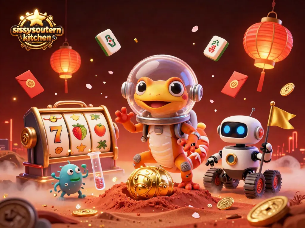 Play at sissyssouthernkitchen with vibrant casino characters celebrating wins amidst sparkling elements.