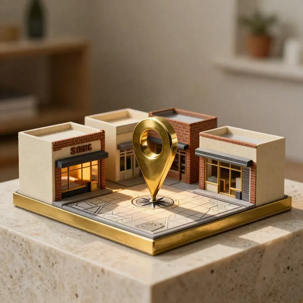 Maqueta urbana con pin de ubicación y luz cálida sobre mosaico mate.