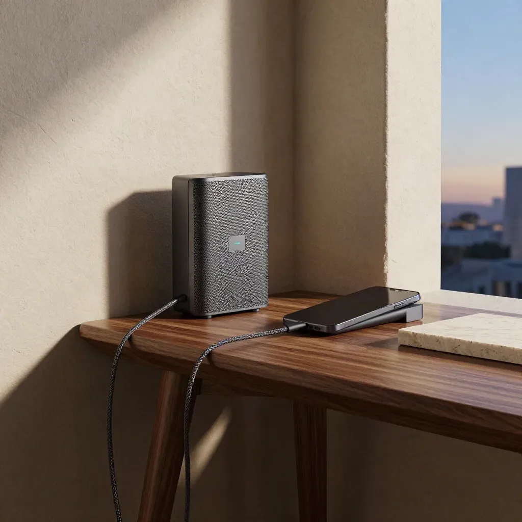Estudio digital premium en madera y piedra, con módem, nodo mesh y luz azul al atardecer.