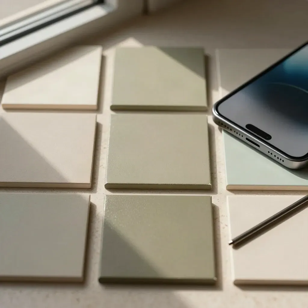 Grid de acrílicos con móvil boca abajo, soporte y muestras neutras sobre travertino, luz dramática.
