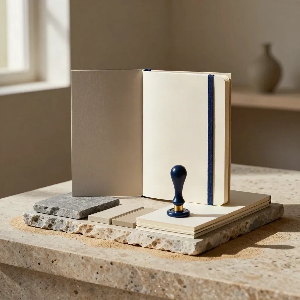 Kit de marca ordenado con piedra, carpeta, cuaderno y sello sobre travertino.