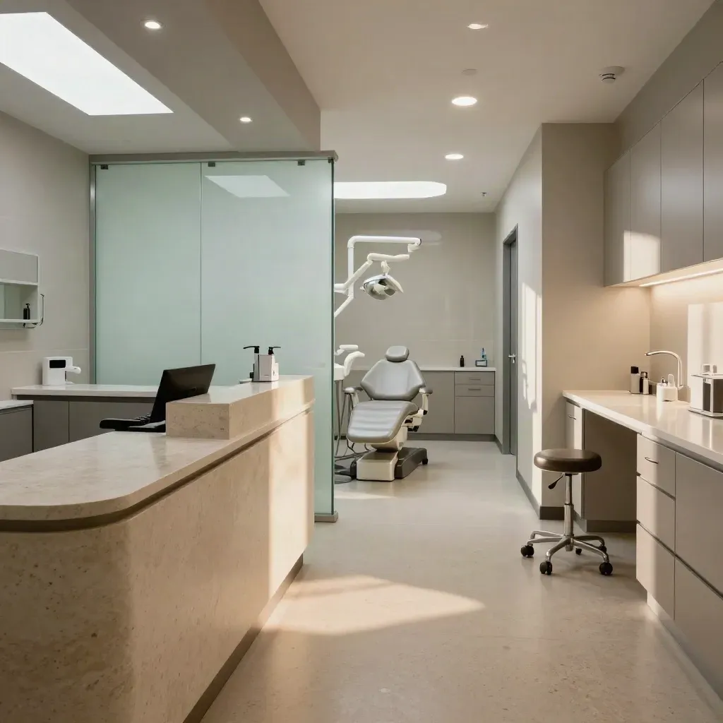 Clínica dental vacía y pulida con recepción, sillón y pasillo iluminado