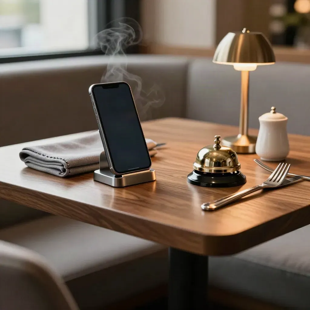Mesa de restaurante lista para reservas móviles, con móvil, campana y cubertería cálida.