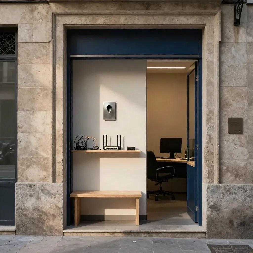 Oficina moderna y elegante en Madrid con banco, router y escultura de ubicación.