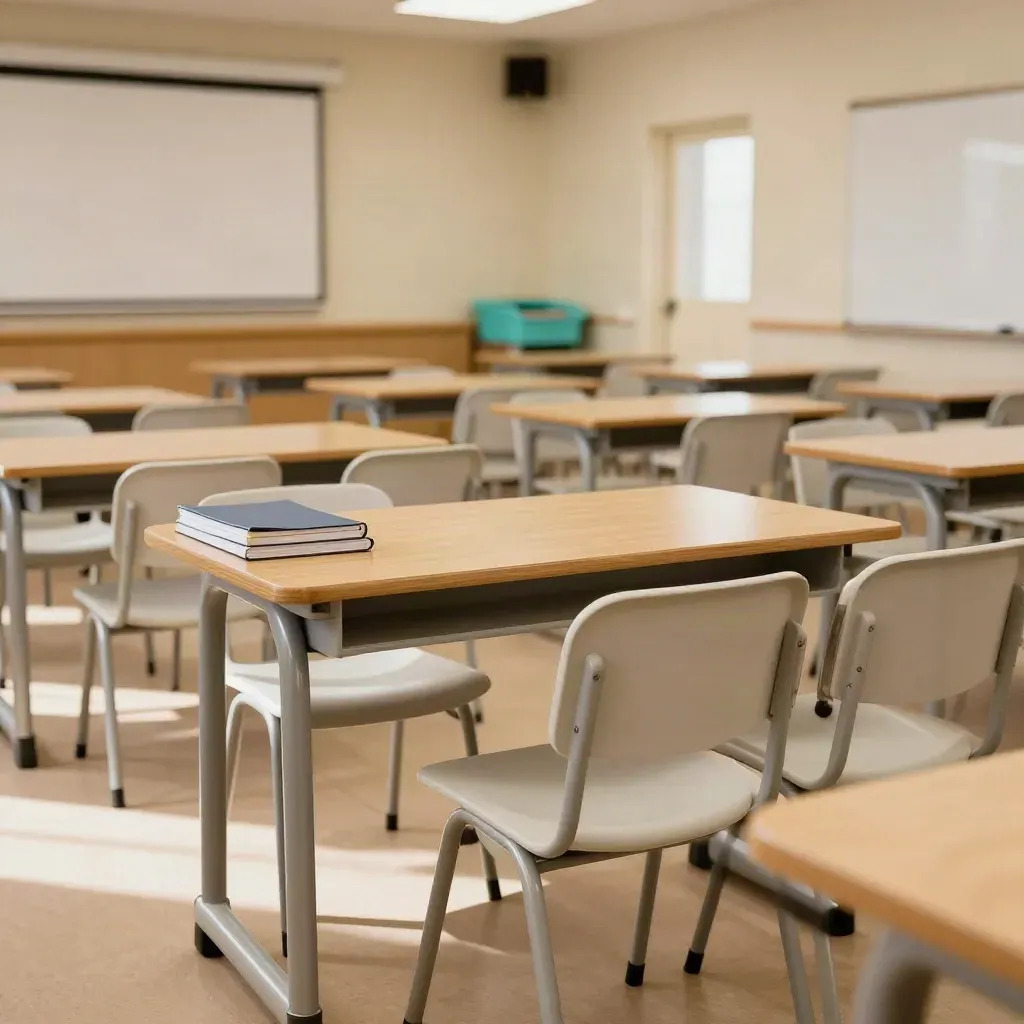 Aula vacía preparada para un curso, con filas de sillas y mesas, luz cálida y puerta abierta.