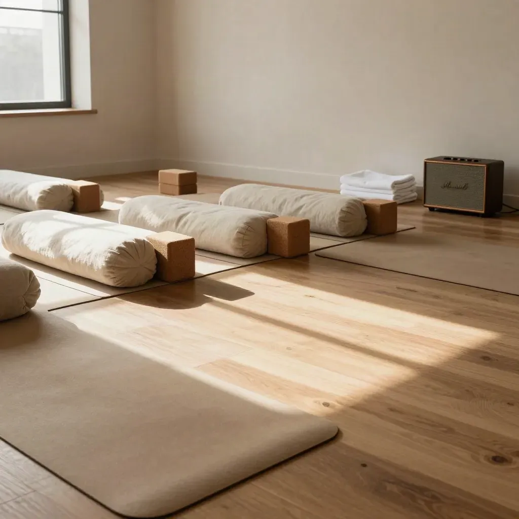 Estudio de yoga ordenado con esterillas, bloques y toallas en luz cinematográfica.