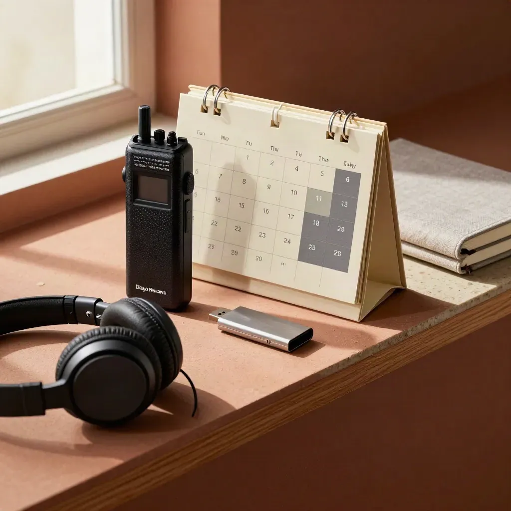 Bodegón editorial con grabadora, bloques de calendario, USB, auriculares y libreta cerrada sobre terracota.