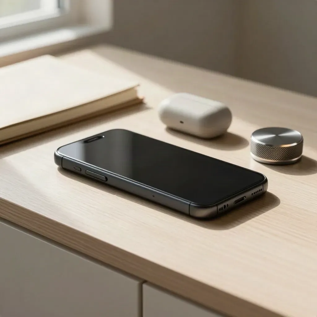 Smartphone en soporte junto a libreta cerrada, auricular y temporizador sobre madera clara.