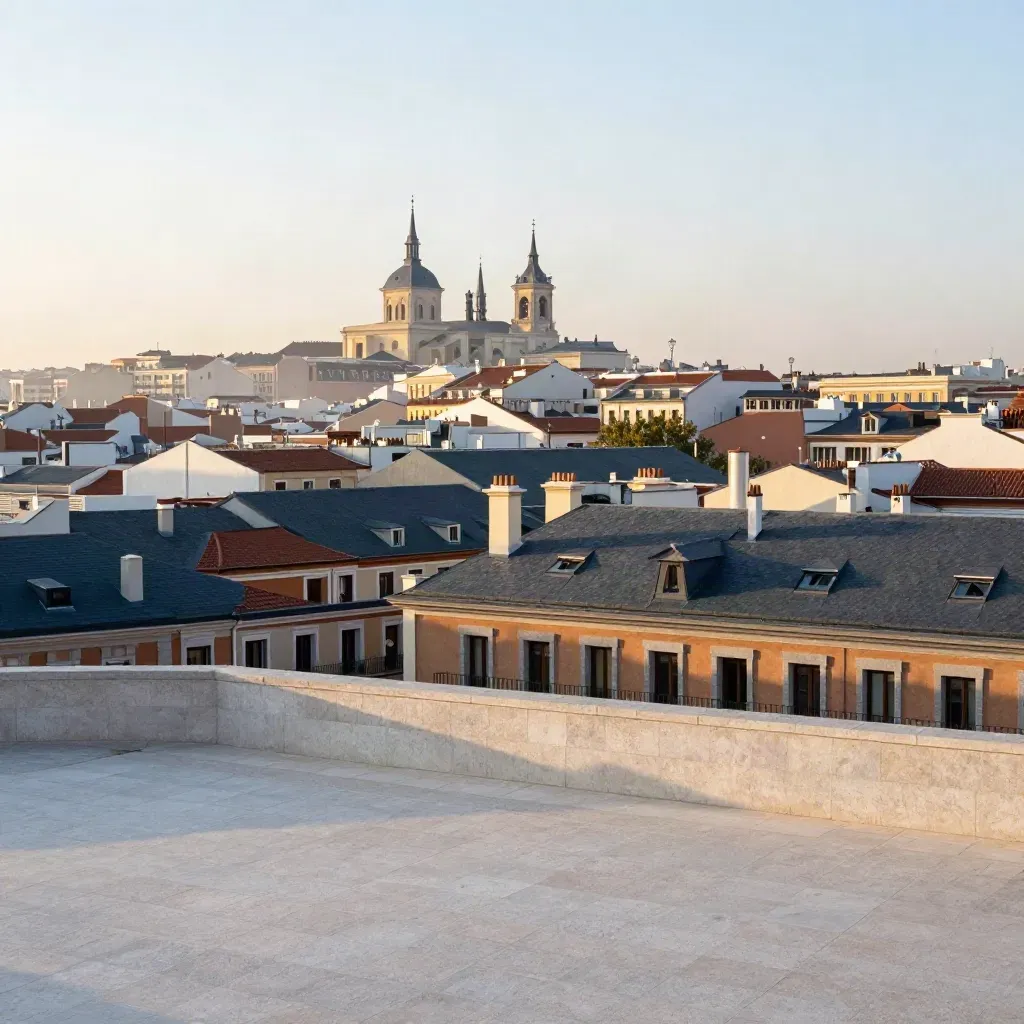 Skyline de Madrid al amanecer con tejados históricos y una terraza clara para texto.