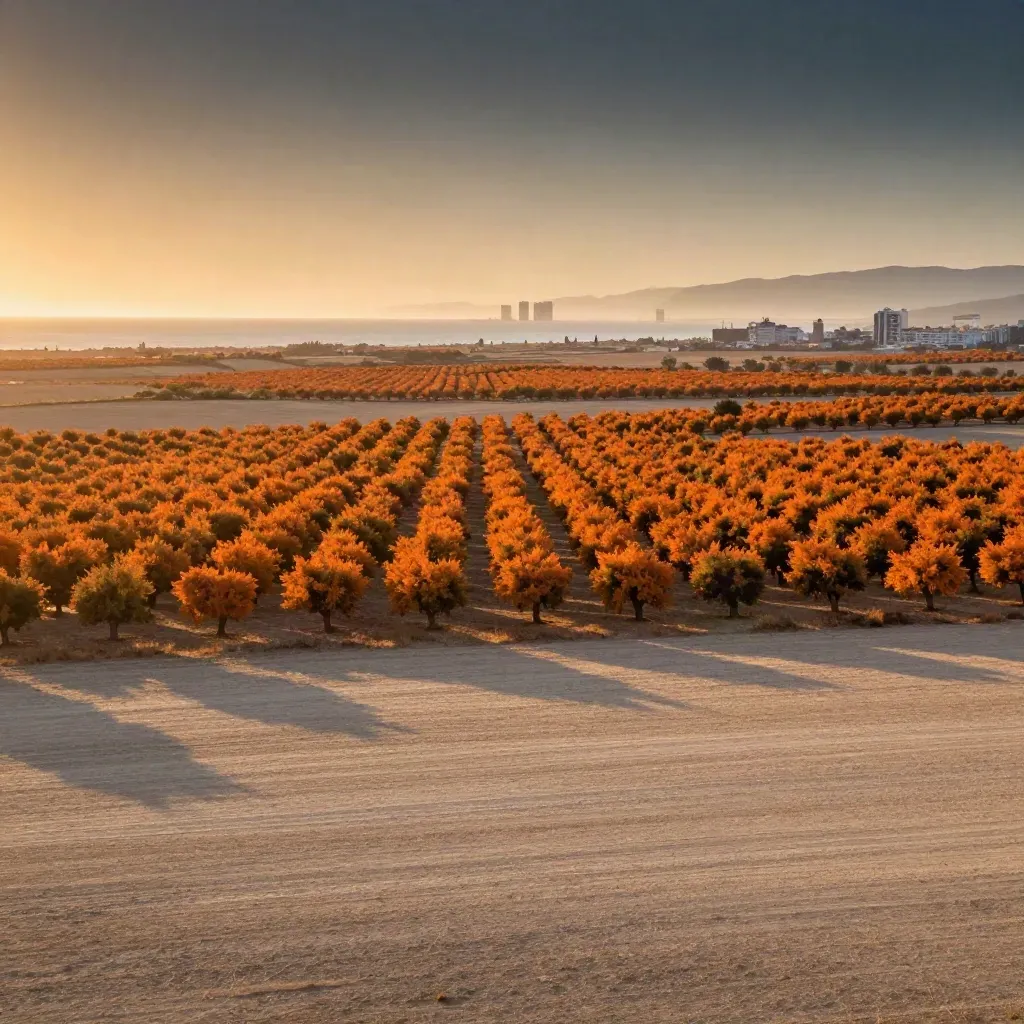 Panorámica dorada de naranjales valencianos con costa lejana y bruma cálida.