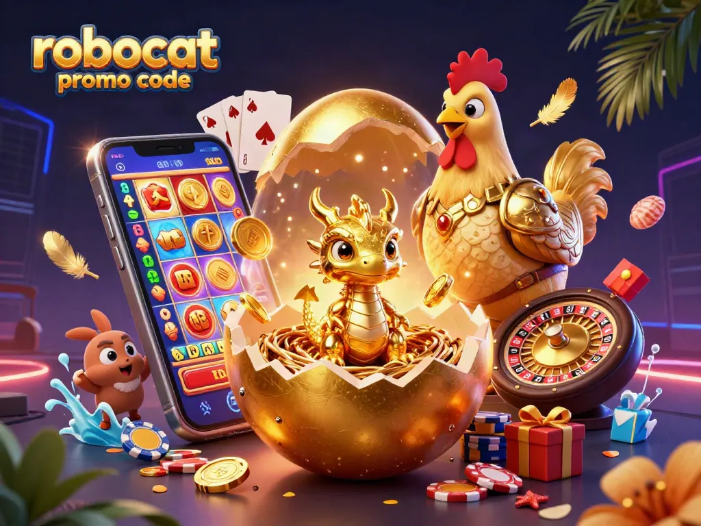Win big with the robocat promo code in this vibrant casino scene featuring a golden dragon and slots!